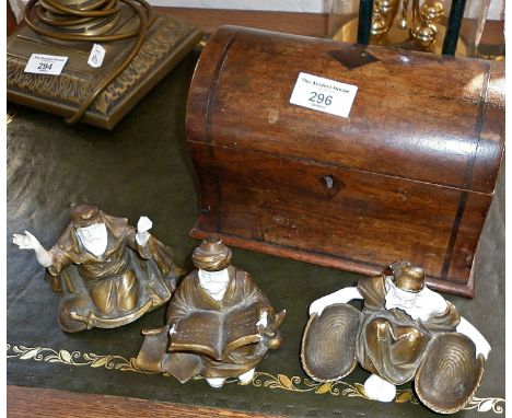 19th c. dome topped tea caddy (A/F) and three Continental porcelain seated figures of Middle Eastern men (A/F)