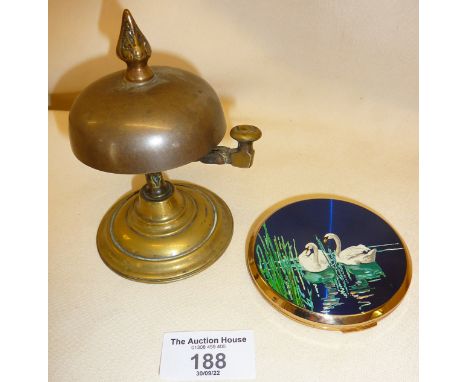 Antique brass footed shop counter bell, with a vintage Stratton powder compact