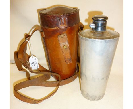 Vintage James Dixon &amp; Co. glass and pewter hunting or saddle flask in pewter lined leather case