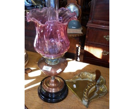 Victorian copper based oil lamp (Messengers patent) with cranberry glass shade (crack to shade), and a brass crumb tray and b