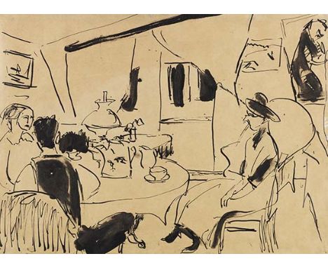 Ernst Ludwig Kirchner     1880 Aschaffenburg - 1938 Davos Am Kaffeetisch bei Otto Mueller. Um 1911. Tuschpinsel- und Tuschfed