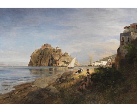 Oswald Achenbach     1827 Düsseldorf - 1905 Düsseldorf Ischia mit Blick auf das Castello Aragonese. 1880. Öl auf Leinwand.  R