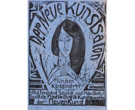 Ernst Ludwig Kirchner     1880 Aschaffenburg - 1938 Davos Plakat: Der neue Kunstsalon. 1913. Holzschnitt, schwarz auf blau gr