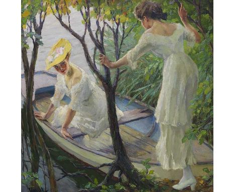 Edward Cucuel     1875 San Francisco - 1954 Pasadena Zwei Damen im Kahn. Um 1910. Öl auf Leinwand.  Links unten signiert. 80 