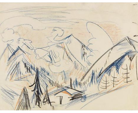 Ernst Ludwig Kirchner     1880 Aschaffenburg - 1938 Davos Stafelalp (Berglandschaft bei Davos mit Berghütte). Um 1923. Farbig