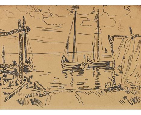 Hermann Max Pechstein     1881 Zwickau - 1955 Berlin Boote in Nidden. 1909. Tusche.  Links unten monogrammiert und datiert. A