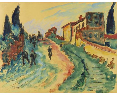 Hermann Max Pechstein     1881 Zwickau - 1955 Berlin Italienische Landschaft. 1911. Aquarell und Kohle.  Links unten monogram