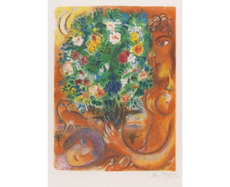 Marc Chagall     1887 Witebsk - 1985 Saint-Paul-de-Vence Femme au bouquet. 1967. Farblithografie nach einer Gouache.  Sorlier