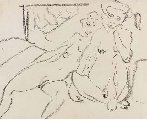 Ernst Ludwig Kirchner     1880 Aschaffenburg - 1938 Davos Akte im Atelier. Um 1907. Schwarze Kreidezeichnung.  Verso signiert