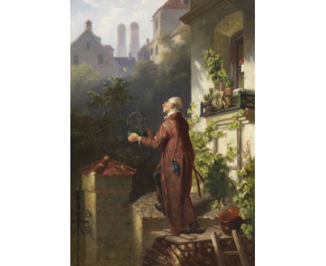 Karl Georg Naumann     1827 Königsberg - 1902 München Der entflogene Kanarienvogel. Wohl 1875. Öl auf Holz.  Links unten sign