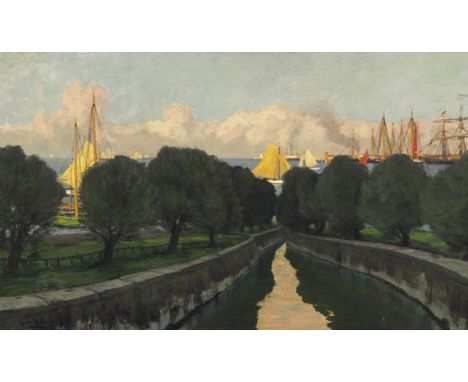 Walter Leistikow     1865 Bromberg - 1908 Berlin Hafen. Um 1895. Öl auf Leinwand.  Links unten signiert. Verso auf der Leinwa