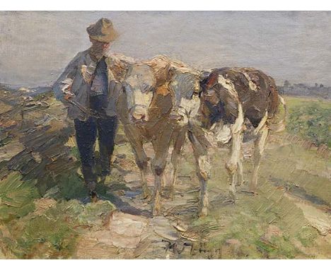Heinrich von Zügel     1850 Murrhardt - 1941 München Bauer mit Kühen. Um 1915-20. Öl auf Leinwand.  vgl. Diem 893, 925. Unten