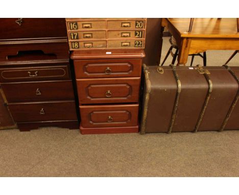Pair Meredew three drawer pedestal chests, mahogany finish three drawer pedestal chest and vintage trunk (4).