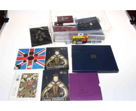Collection of coin presentation packs, cased commemorative crowns. Including: 1992 UK ECU set, Platinum Wedding Anniversary P