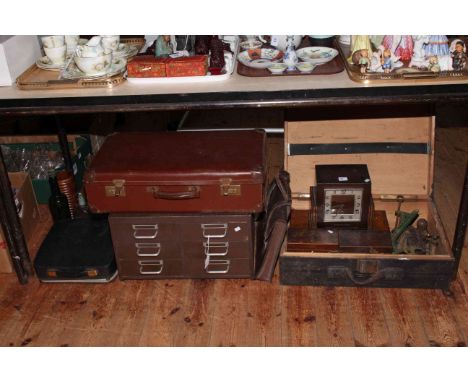 Two 19th Century tea caddies, oak mantel clock, joinery tools, six drawer index cabinet, vintage suitcase, typewriter, glass 