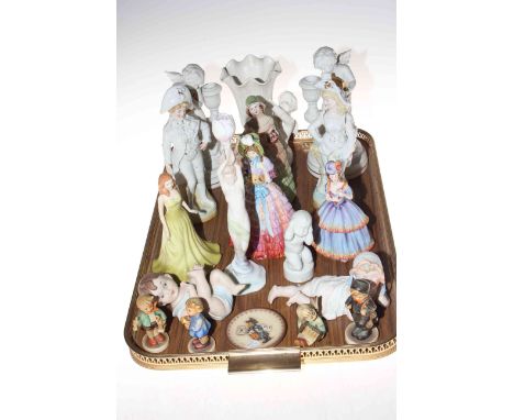 Tray lot with various figurines including small Hummel, cherub candlesticks, etc.