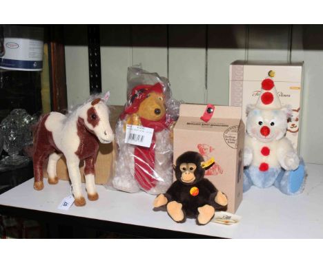 Four Steiff Teddy Bear Toys including Painted Horse, Orinoco, Coco and Clown, two with boxes.