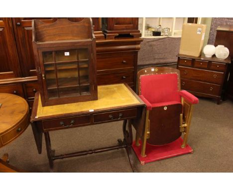 Vintage cinema seat, mahogany two drawer sofa table and glazed door wall cabinet (3).