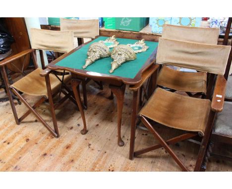 Shaw of London mahogany serpentine fold top card table together with four folding directors style chairs.