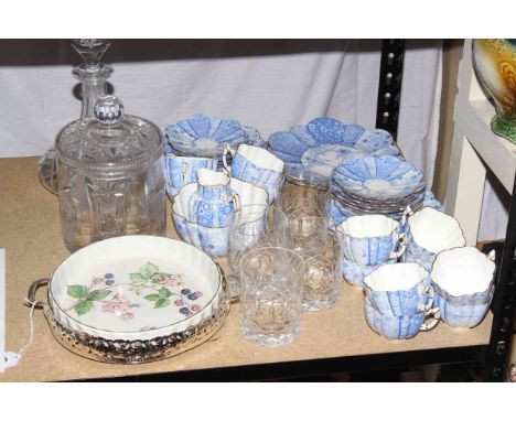 Blue and white jungle print tea service (some pieces marked with Wileman stamp to base), glass decanter, biscuit barrel and f