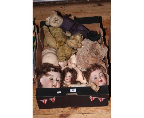 Three bisque dolls heads, doll parts, vintage teddies, etc.