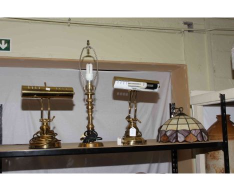 Pair of brass desk lamps, brass table lamp and Tiffany style shade.