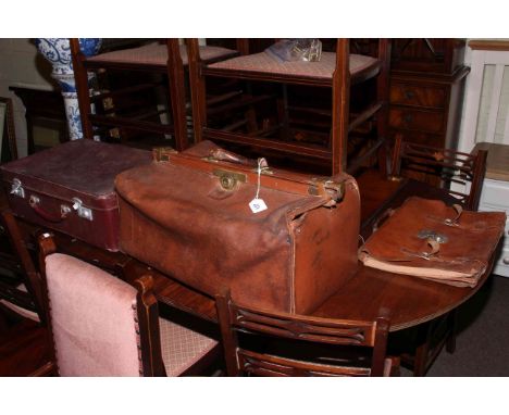 Large vintage leather Gladstone bag, leather briefcase and suitcase.