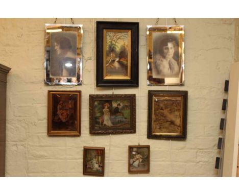 Pair mirrored portraits, framed painted ceramic tile and five pictures including chrystoleums (8).