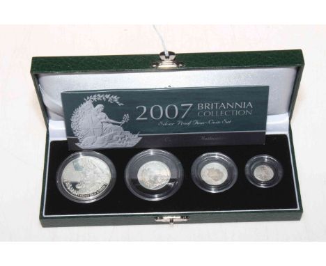 Royal Mint 2007 UK four coin silver proof Britannia collection, in deluxe case with certificate.