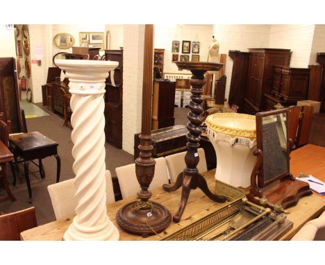 Victorian mahogany toilet mirror, mahogany reeded column standard lamp and two shades and two plant stands.