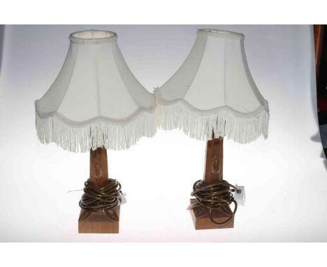 Pair Robert Thompson of Kilburn 'Mouseman' table lamps, 26cm to top of oak.