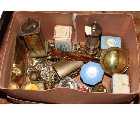 Trunk including advertising tins, metalwares, horsebrasses, Magico Rub It game.