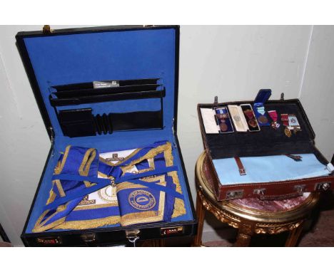 Masonic regalia including three boxed medals (1946 Steward Bakelite medal, Lodge Raymond No. 742 Toulguse), three loose medal