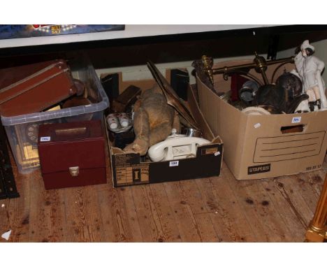 Three boxes of metalwares, teddy bear, glass, single records, cased binoculars, etc.