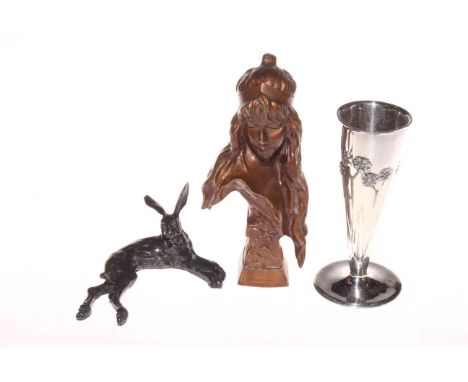 Tudric Arts and Crafts spill vase, 15cm, together with Art Nouveau style bust and hare sculpture (3).