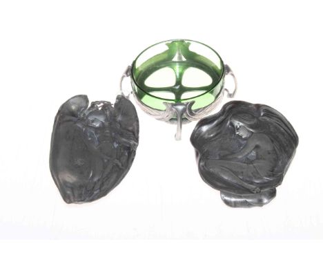Liberty pewter four leg and green glass dish, 14cm across, together with two Art Nouveau dishes (3).