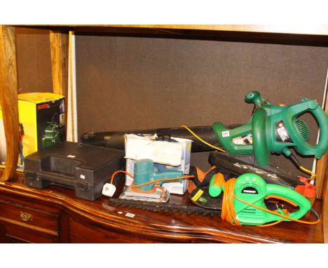 Black &amp; Decker garden mulcher, garden vac, hedge trimmer and collection of power tools.