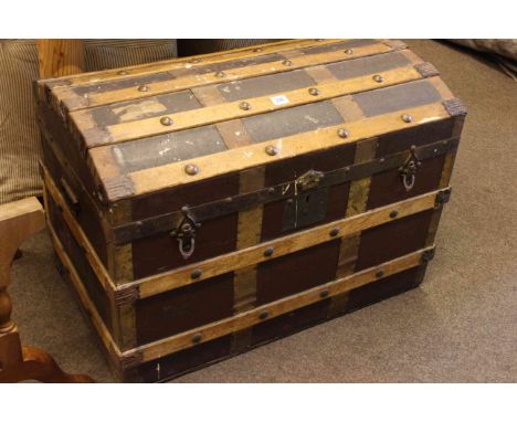 Vintage wood bound dome trunk, 54cm high by 76cm wide by 45cm deep.