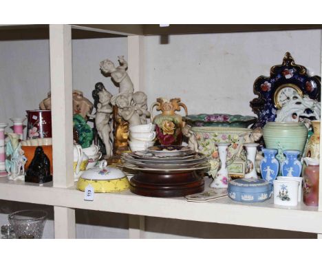 Pottery mantel clock, two cherub centre pieces, Crown Ducal vase and others, teawares, etc.