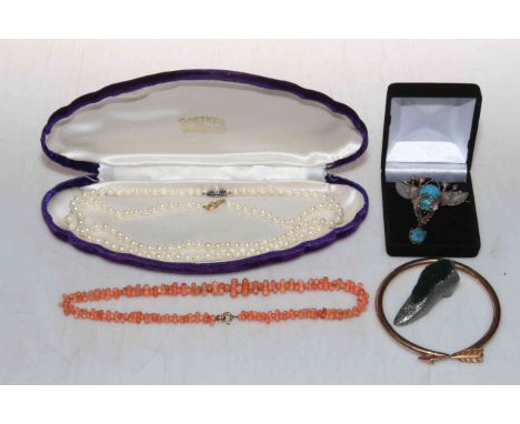 Coral necklace, two 'pearl' necklaces, 9ct gold bangle, insect brooch and pin cushion (6).