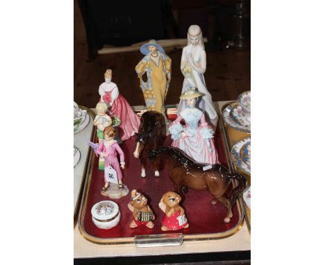 Four Royal Doulton and two Royal Worcester figures, two Beswick horses, two Pendelfin rabbits and Brambly Hedge trinket box.