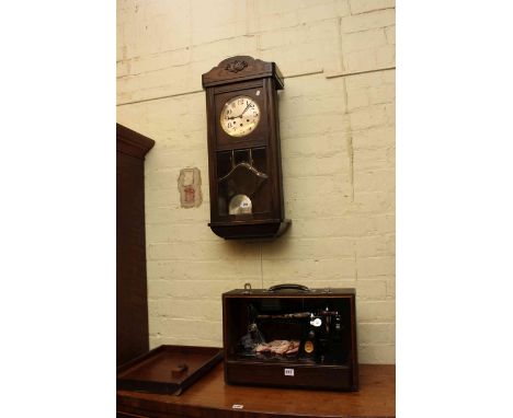 1920's oak cased wall clock and vintage Singer hand sewing machine (2).
