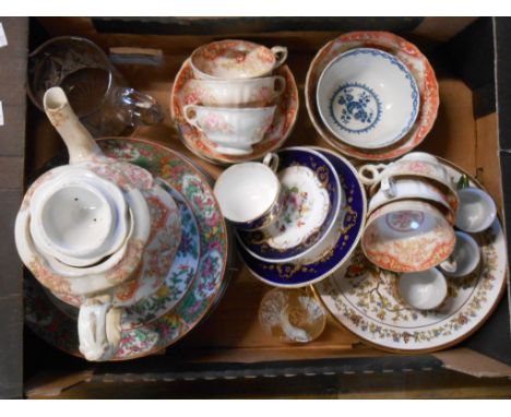 A box containing an assortment of ceramic items including 1st period Worcester bowl, Canton plate, etc. - various condition