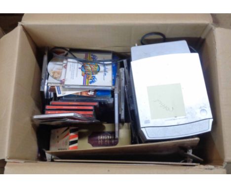 A box containing a quantity of part workbooks - sold with a box containing a Hi-Fi CD player, CDs, etc. and a briefcase and h