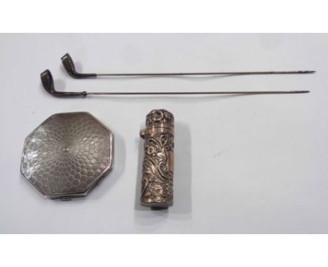 A silver faceted compact case - sold with a silver scent phial and two novelty golf club pattern hat pins with silver tops