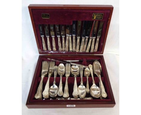 A polished wood canteen containing a part set of House of Fraser silver plated kings pattern cutlery