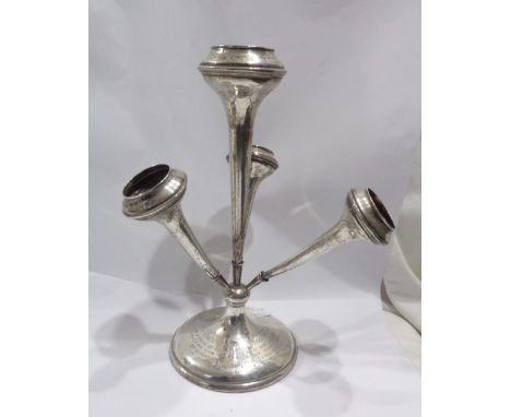 A 22cm high silver epergne with four trumpet vases, set on a loaded circular base with extensive inscription - various condit