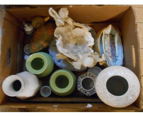 A box containing a quantity of assorted ceramic items including vases, plates, etc.