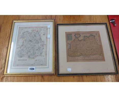 Two framed coloured map prints, one of Surrey by Robert Morden, the other of Shropshire - various condition