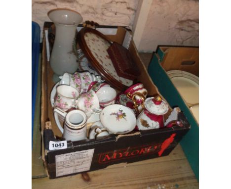 A box containing a quantity of assorted ceramics and glassware including Paragon cups and saucers, Noritake vase, etc.